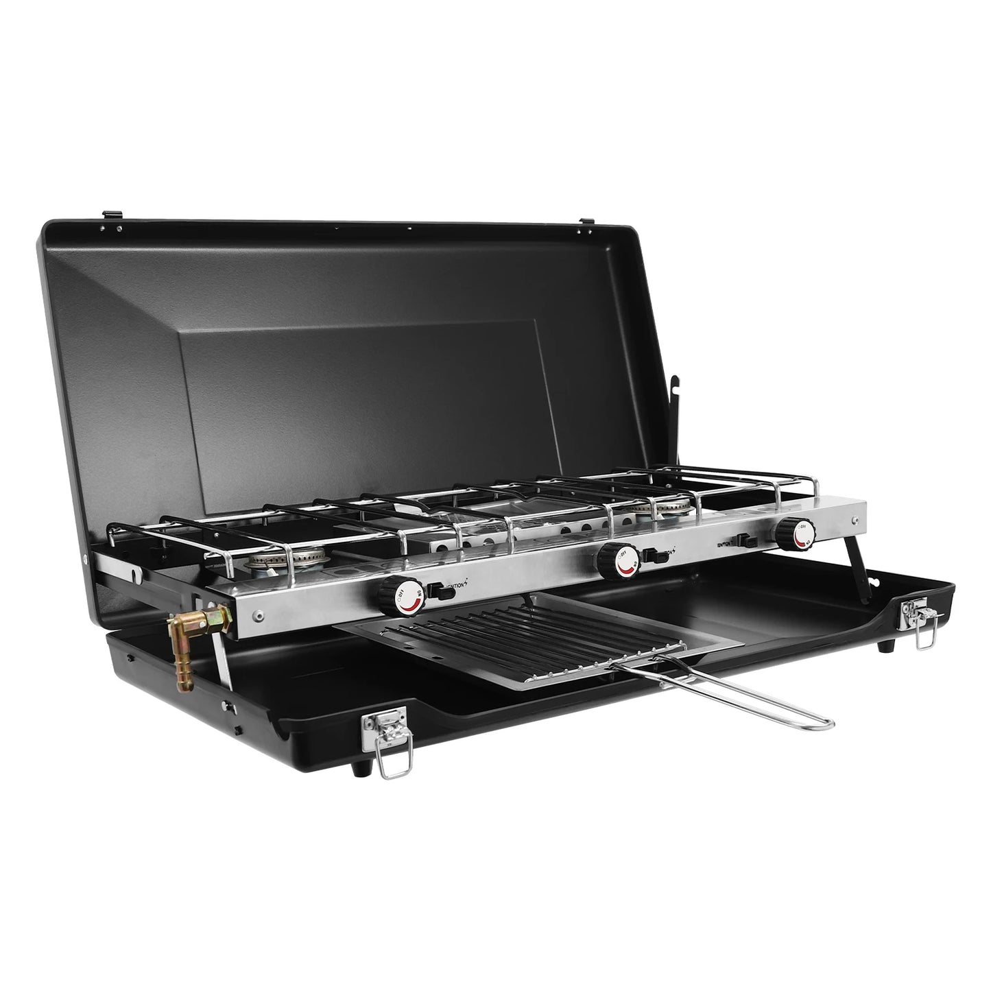 Portable Camping Stove with Griddle 3 Burner Propane Gas Stove Adjustable Windshield Folding