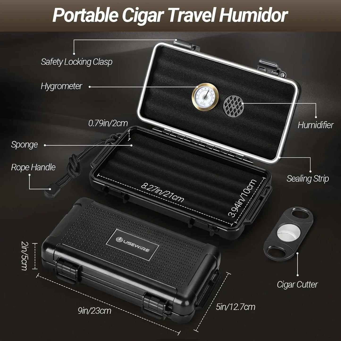 USEWIRE-Cigar Travel Humidor And Cigar Set, Portable Cigar Case With Humidifier Hygrometer, Cutter Cigar Cutter