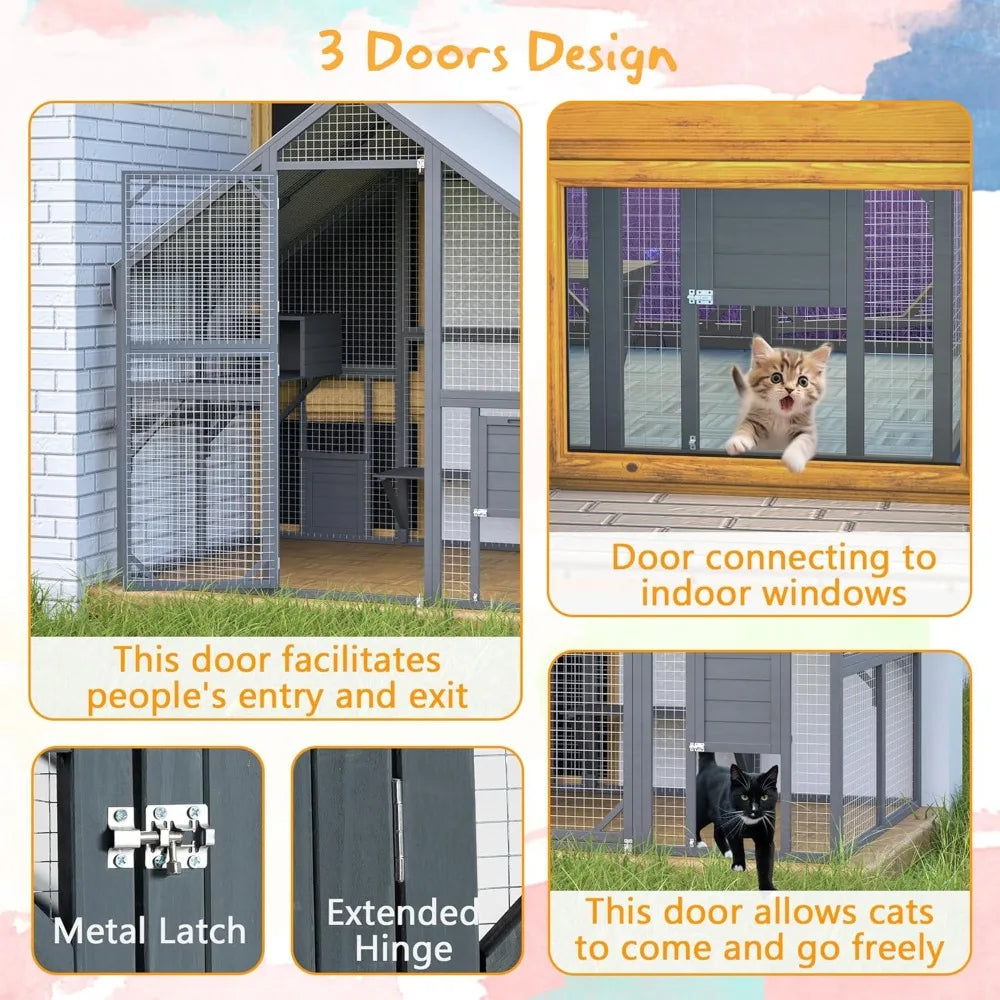 Cat Cage, 75" Large Wood Outdoor Cat Catio Cat Enclosure