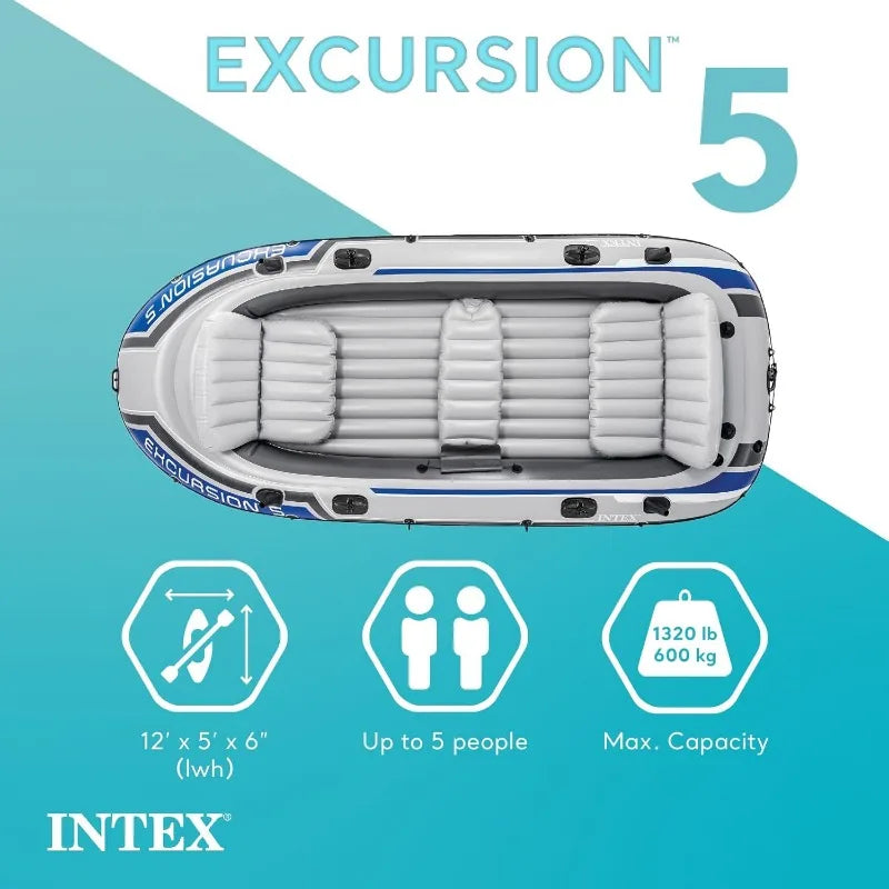 Intex Excursion 5 Person Inflatable Outdoor Fishing Raft Boat Set With 2 Aluminum Oars And Air Pump A Composite Motor Mount Kit