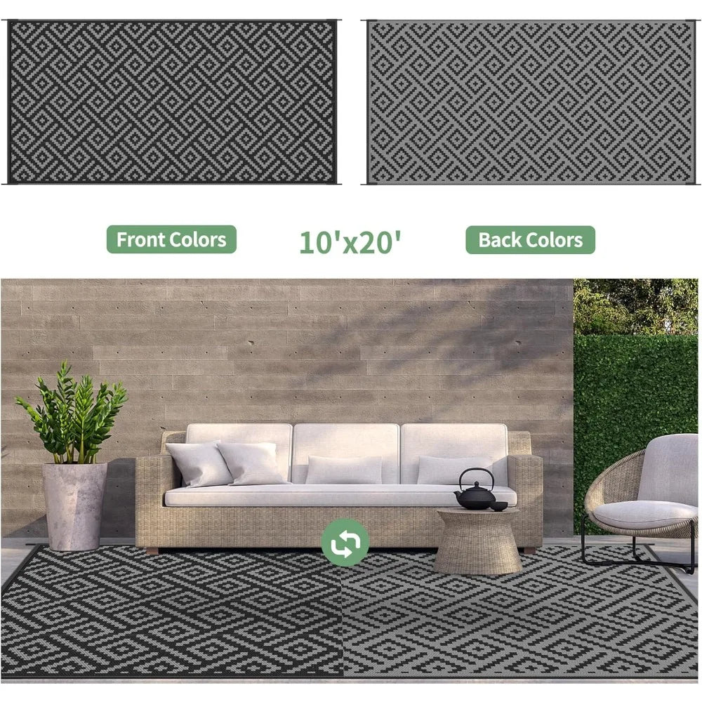 Outdoor Rug Waterproof, 10' x 20' Reversible Plastic Straw Rug, Lightweight