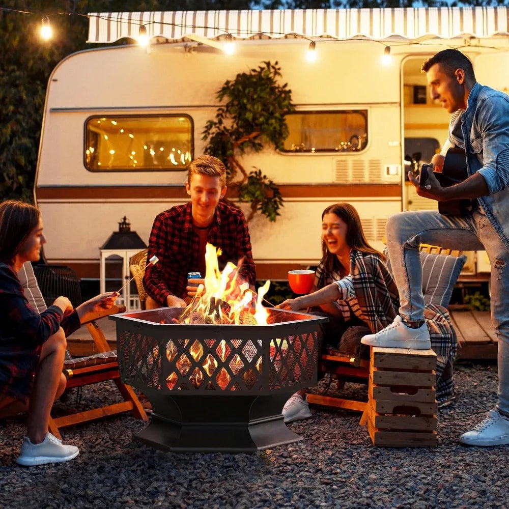 Hex Shaped Fire Bowl - Large Wood Burning Outdoor Fire Pit with Spark Screen & Poker for Bonfire, Picnic,