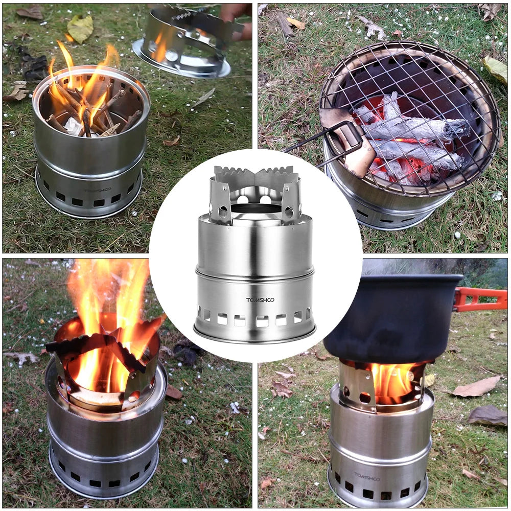Upgrade Outdoor Camping Backpacking Stove w/ Plate & Handle Portable Folding Windproof Wood Burning Stove