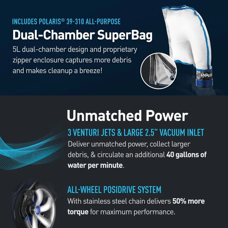 Polaris Vac-Sweep 3900 Sport Pressure Inground Pool Cleaner, Triple Jet Powered, with a Dual Chamber SuperBag for Debris
