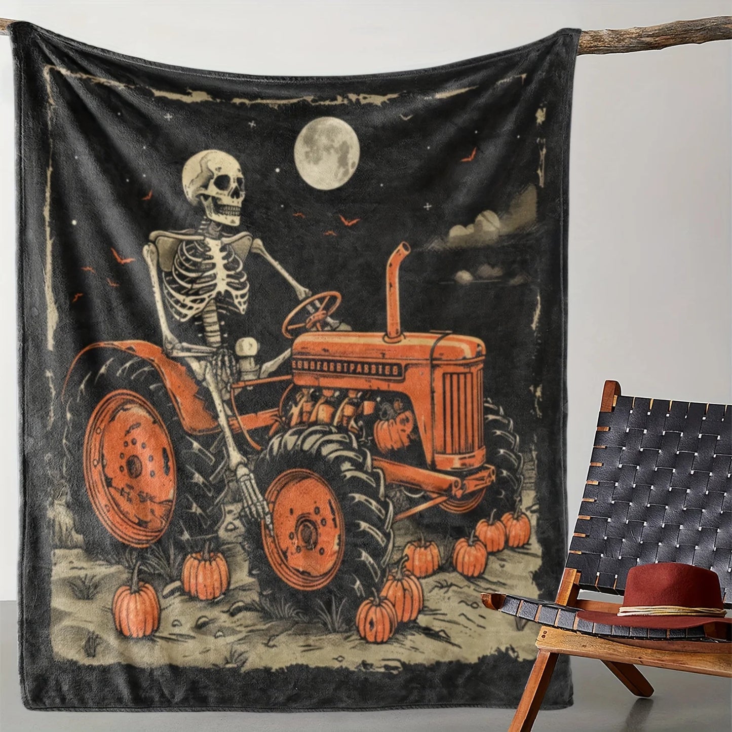 Cozy Flannel Halloween Blanket with Tractor & Skull Print