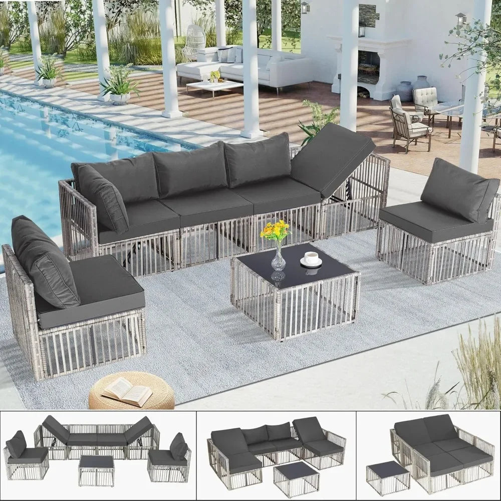 7 Pieces, Wicker Outdoor Sectional Conversation Couch With Adjustable Backrest Sofa