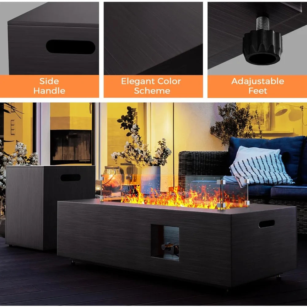 Rectangular Outdoor Propane Gas Fire Pit Table with 50,000 BTU, Wind Guard, Waterproof Cover, and Lava Rocks