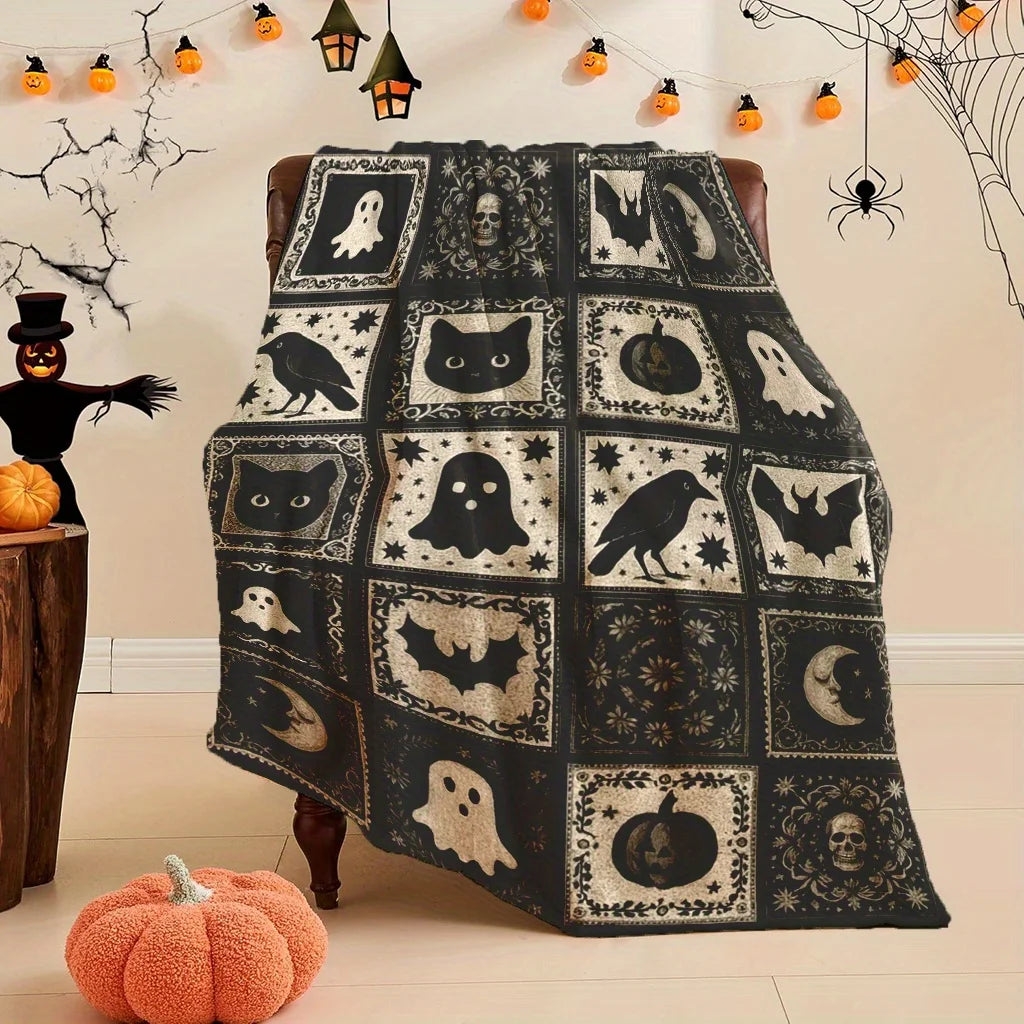 1pc Halloween-Themed Patchwork Blanket with Ghosts, Pumpkins, Bats & More – Soft, Warm Flannel Throw for Cozy Naps, Camping