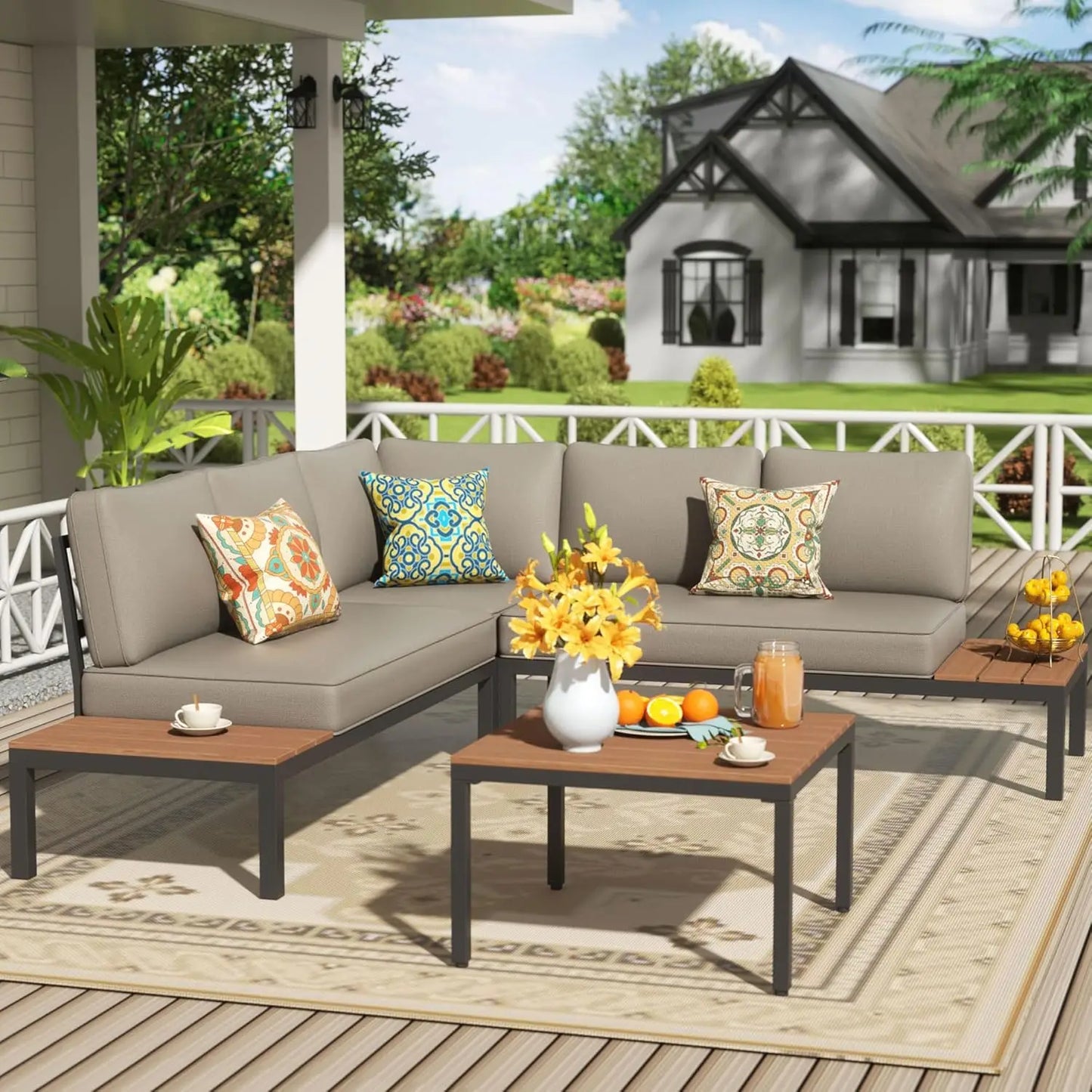 Patio Furniture Sets, L Shape Patio Sectional Metal Outdoor Sectional Corner Sofa Outdoor Couch with Detachable Backrest