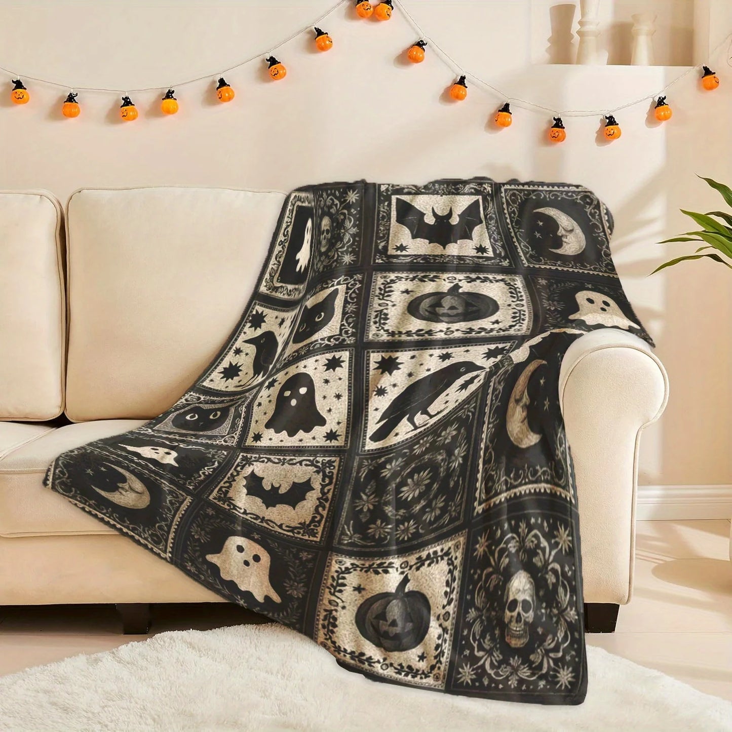 1pc Halloween-Themed Patchwork Blanket with Ghosts, Pumpkins, Bats & More – Soft, Warm Flannel Throw for Cozy Naps, Camping