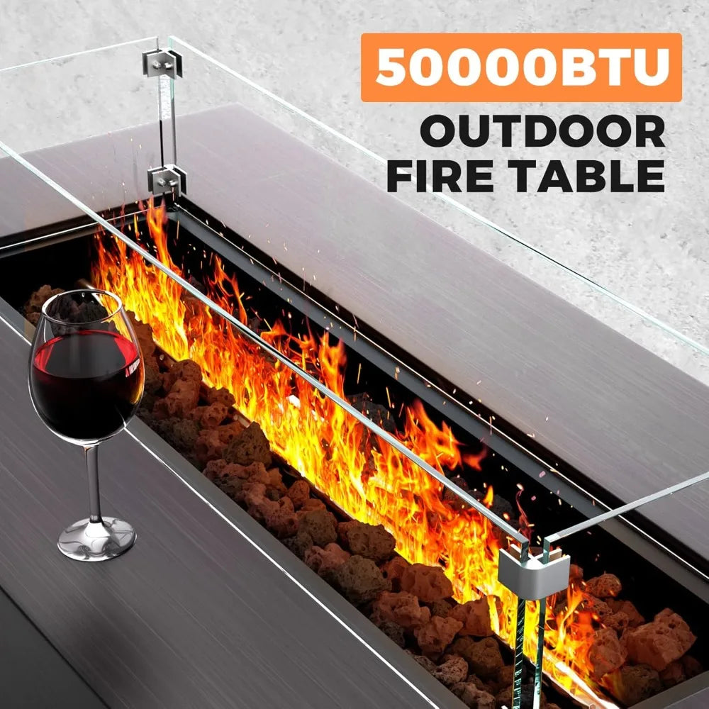 Rectangular Outdoor Propane Gas Fire Pit Table with 50,000 BTU, Wind Guard, Waterproof Cover, and Lava Rocks