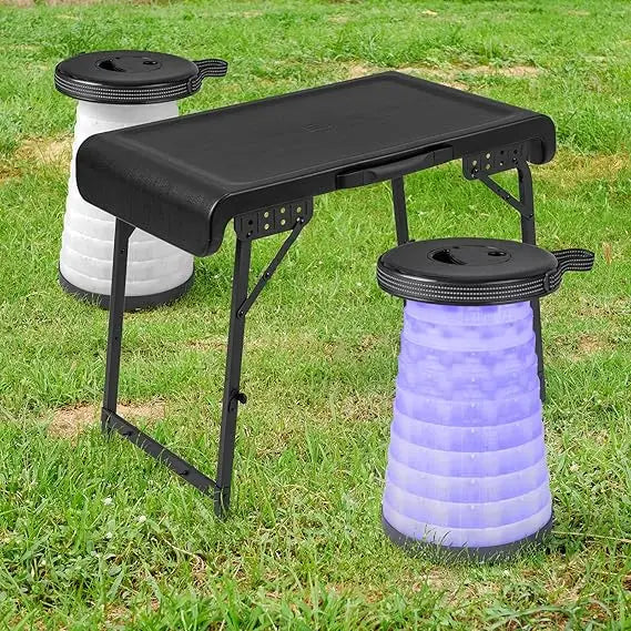 3 Piece Camping Set, Folding Table With 2 Collapsible LED Stools