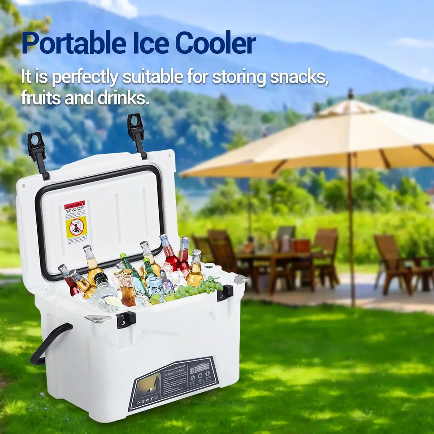 Portable Ice Cooler, Heavy Duty Ice Chest with Portable Cup Holder, Fish Ruler, Bottle Openers, Camping Cooler for Beach