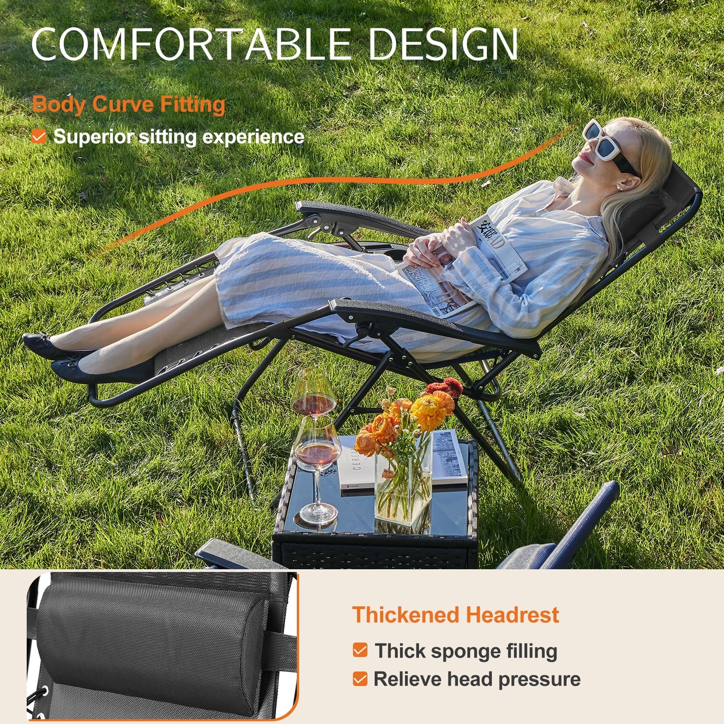 JHK Zero Gravity Portable Recliner Camping Patio Outdoor Garden Lounge Chair with Cup Holder Trays Adjustable Pillow