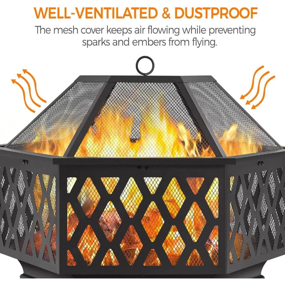 Hex Shaped Fire Bowl - Large Wood Burning Outdoor Fire Pit with Spark Screen & Poker for Bonfire, Picnic,