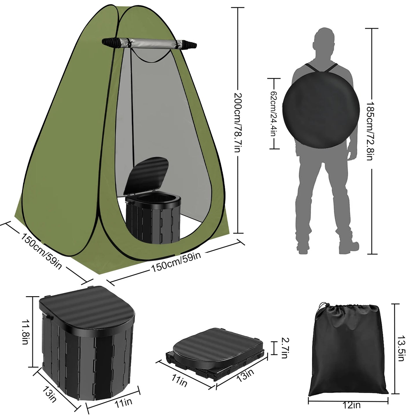 Camping Toilet with 1.5m Pop up Privacy Tent