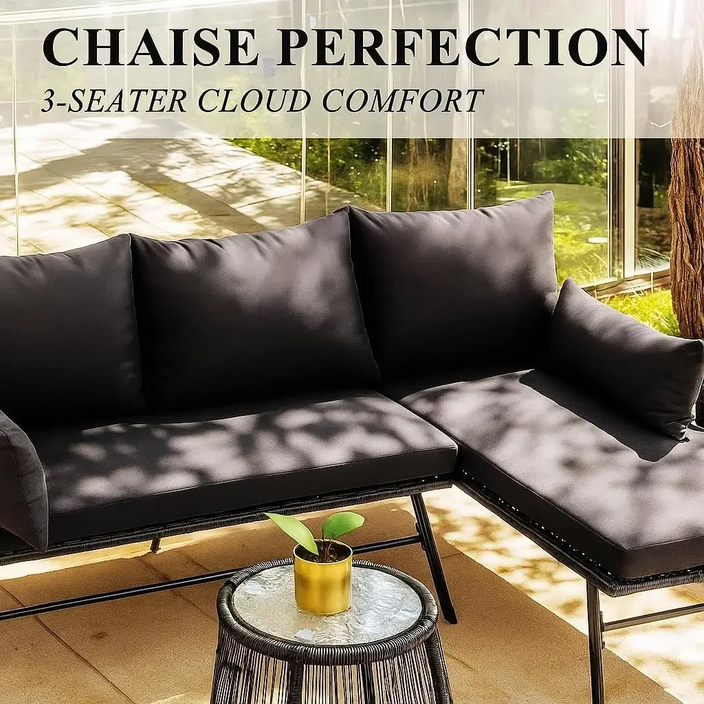2025 Hot3-Piece Outdoor Patio Furniture Set, L-Shaped Rattan Sectional Sofa With Thick Cushions, Glass Coffee Table