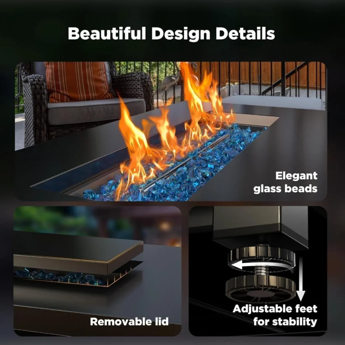 Stylish 43 Inch Fire Pit Table for Patio, with Glass Beads & Cup Holders