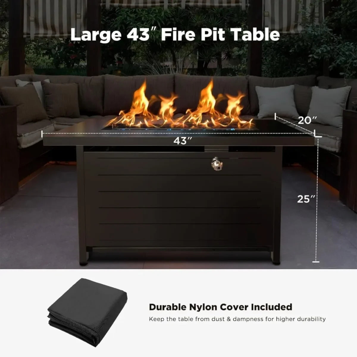 Stylish 43 Inch Fire Pit Table for Patio, with Glass Beads & Cup Holders