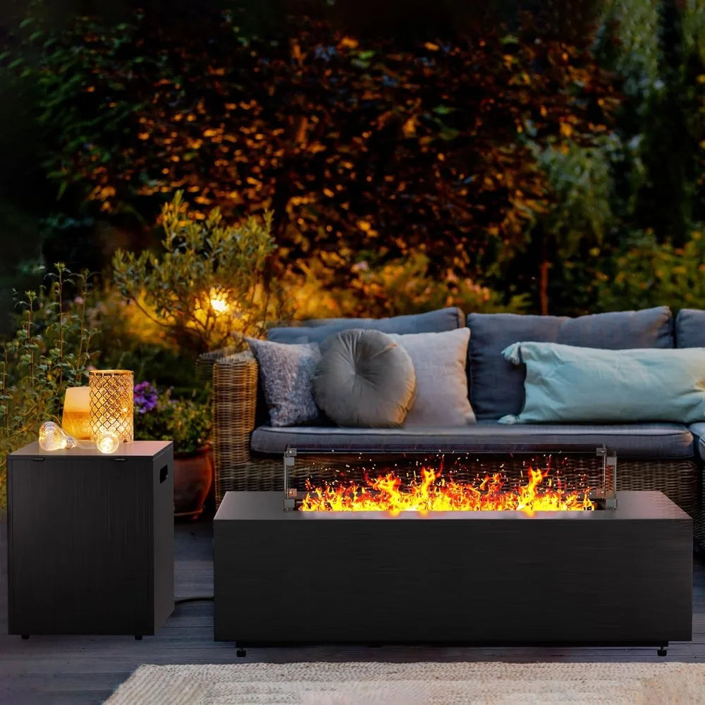 Rectangular Outdoor Propane Gas Fire Pit Table with 50,000 BTU, Wind Guard, Waterproof Cover, and Lava Rocks