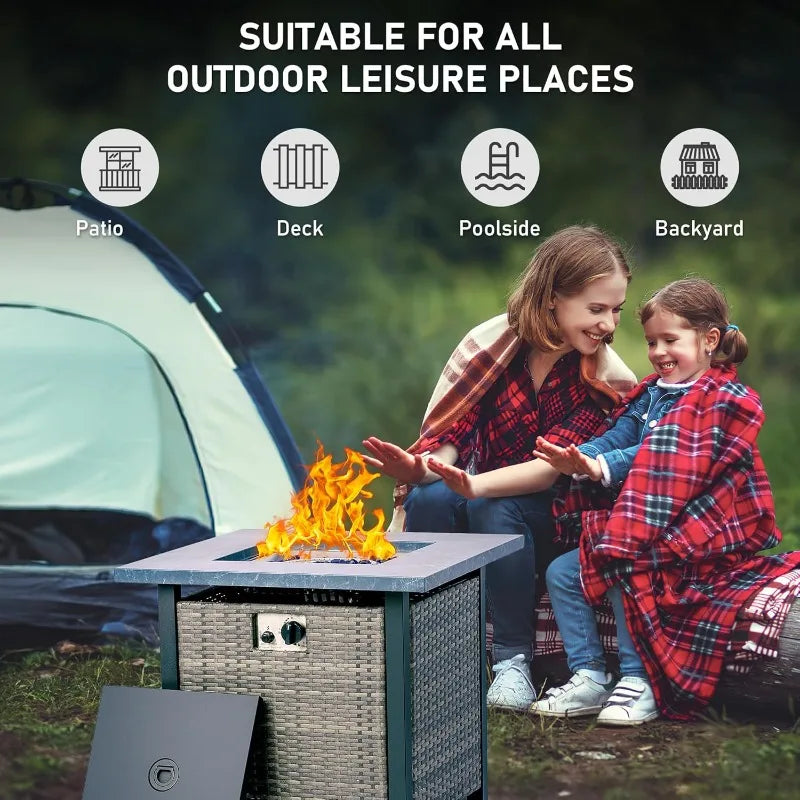 Propane Fire Pit Table 28Inch 50,000 BTU Auto-Ignition Wicker Rattan Gas Fire Pit Table With Lid