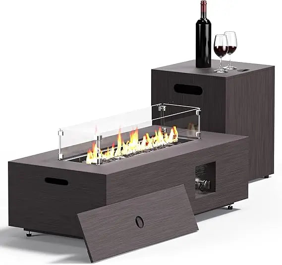 Rectangular Outdoor Propane Gas Fire Pit Table with 50,000 BTU, Wind Guard, Waterproof Cover, and Lava Rocks