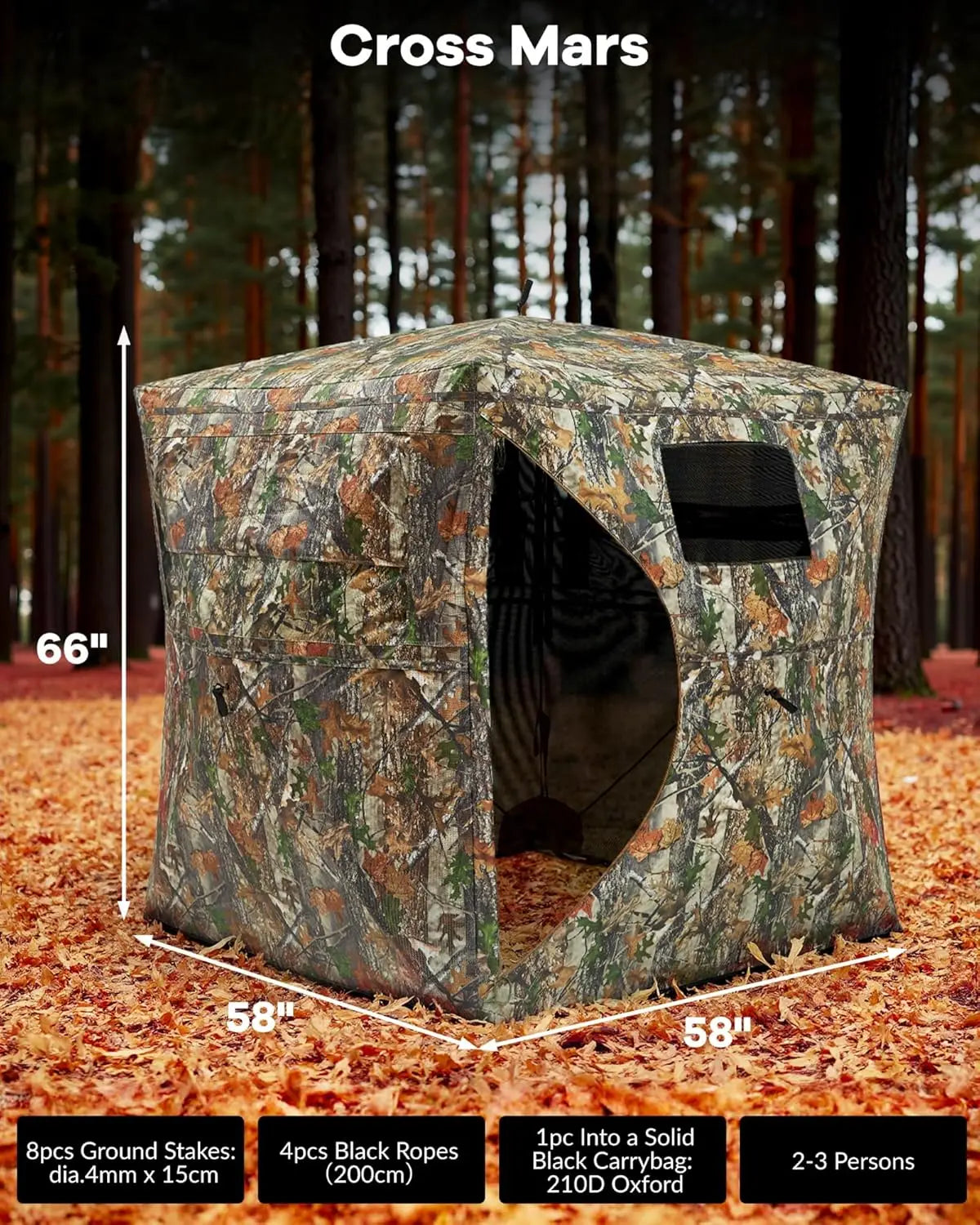Outdoor Hunting Pop Up Ground Blinds for 4-6 People 116" 58" 66" with Windows and Silent Magnetic Door Lightweight Blinds