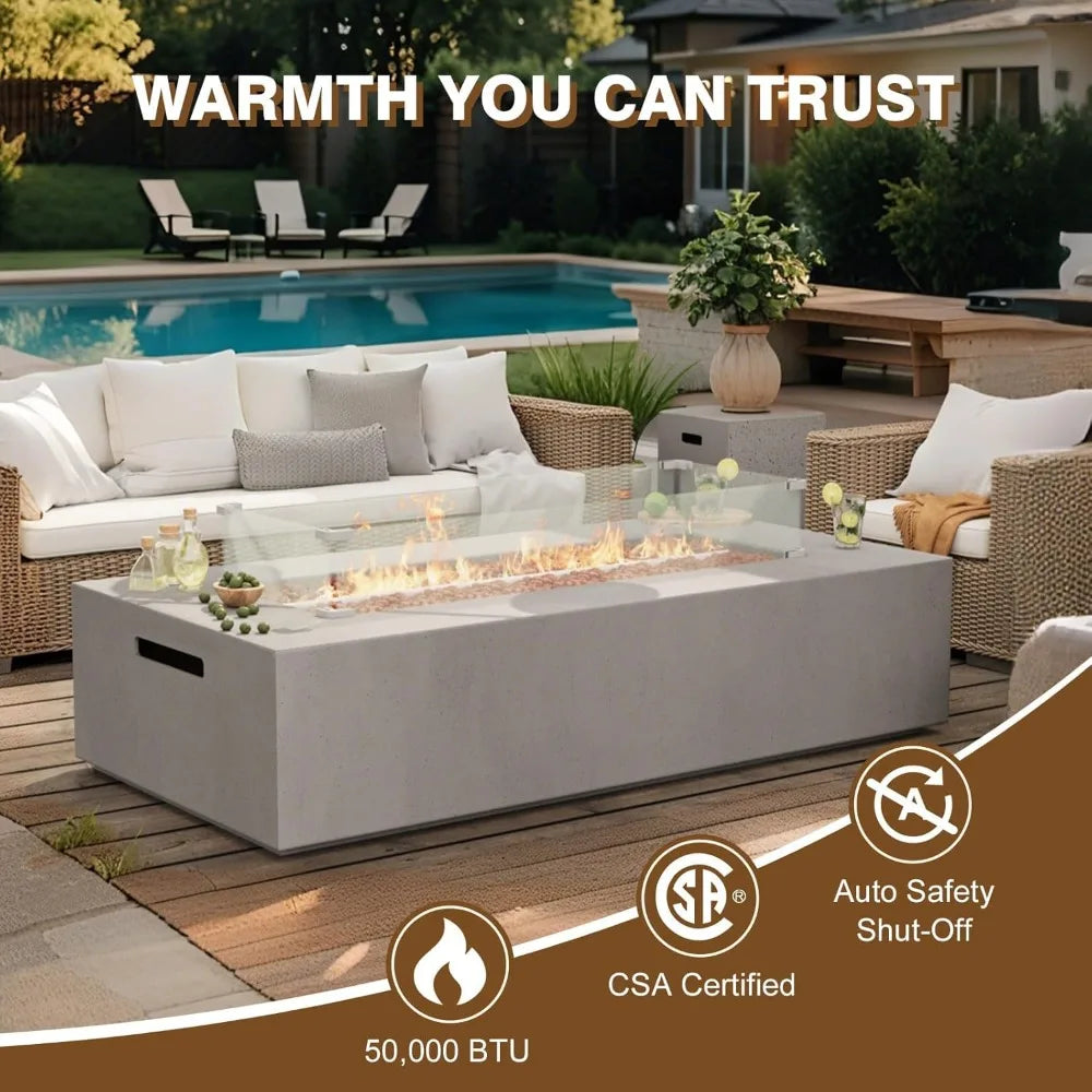 3-Piece Propane Fire Pit Table Set w Tank Table & Glass Wind Guard