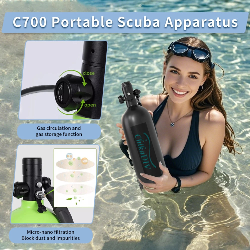 Lung Tank Scuba Tank Full Face Diving Mask, 1.9L Mini System for Travel Snorkeling, Pool Diving Gear
