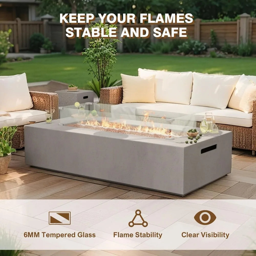 3-Piece Propane Fire Pit Table Set w Tank Table & Glass Wind Guard