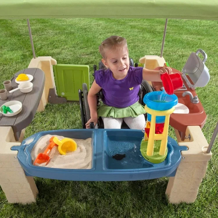 High quality.All Around Playtime Patio with Canopy, Kid Indoor and Outdoor Kitchen Playset, Sensory Playhouse, Kids Ages 2+ year
