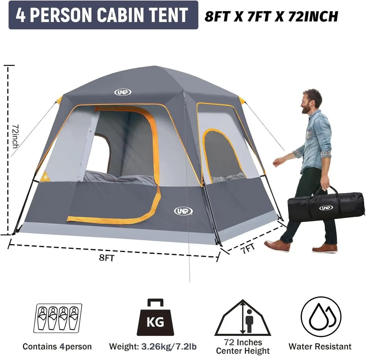UNP 4-Person Tent, Portable Cabin Tent, Camping Tent 4-Person Easy Set Up