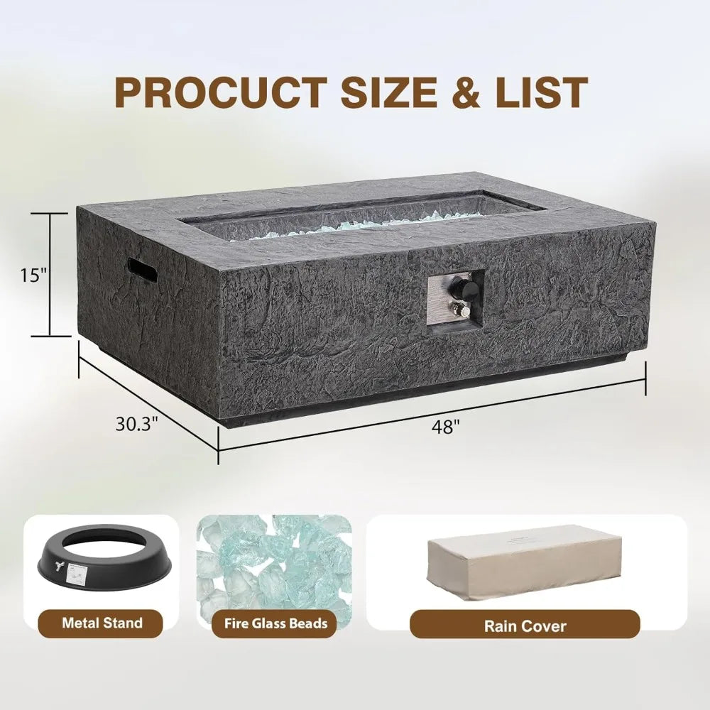 Propane Fire Pit Table, 48-Inch Outdoor Gas Fire Table 50,000BTU– Modern Black Terrazzo with Slate-Texture Finish,