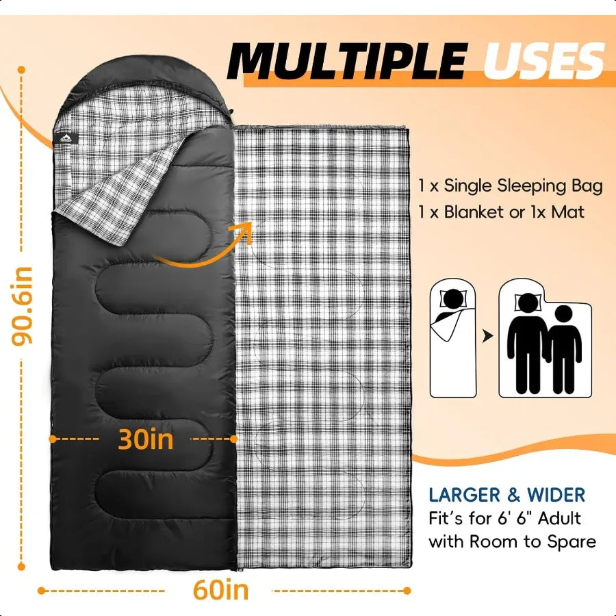 Flannel Sleeping Bag for Adults XL Large Wide 4 Season