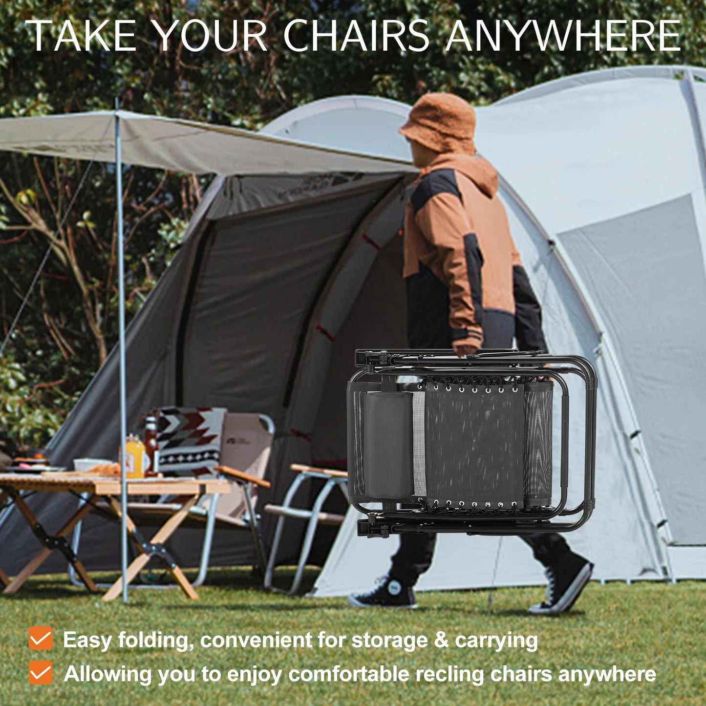 JHK Zero Gravity Portable Recliner Camping Patio Outdoor Garden Lounge Chair with Cup Holder Trays Adjustable Pillow