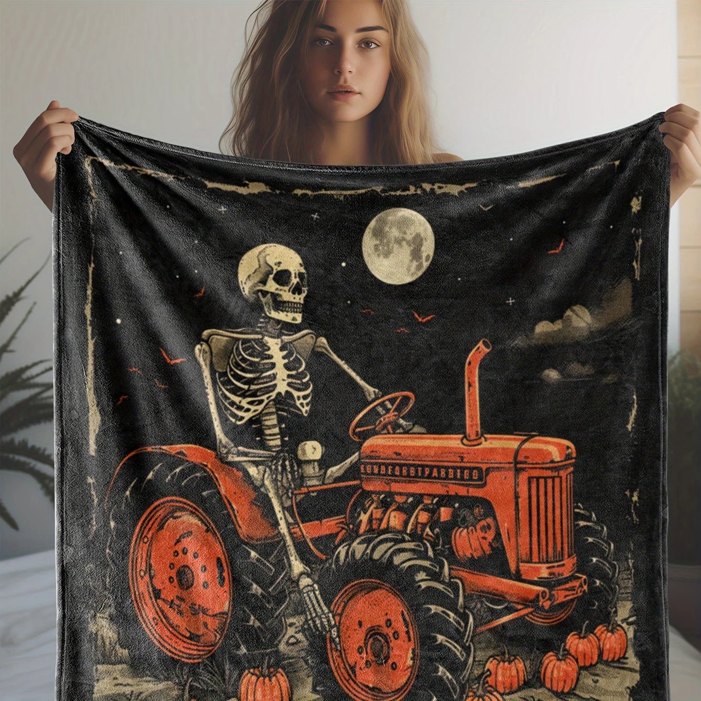 Cozy Flannel Halloween Blanket with Tractor & Skull Print