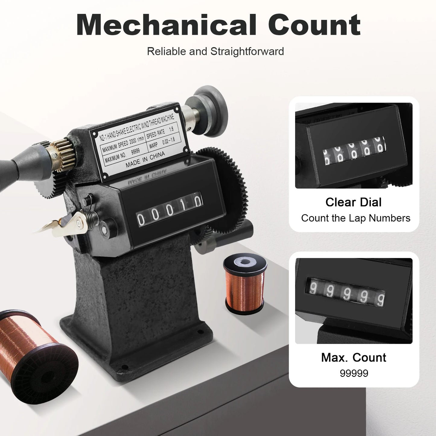Fishing Line Spooler with Counting Machine, 0-99999 Count Range, Cast Iron Frame, Max Diameter 150mm