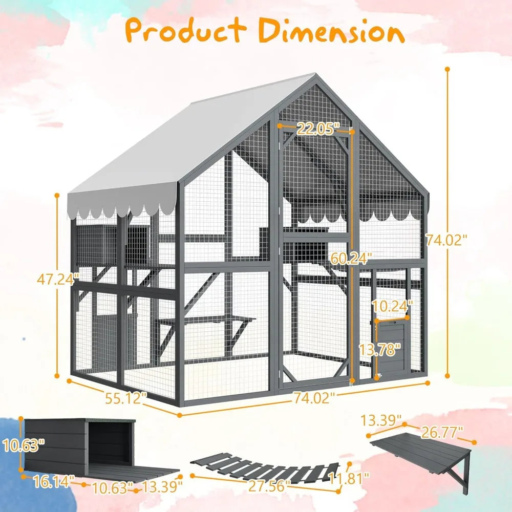 Cat Cage, 75" Large Wood Outdoor Cat Catio Cat Enclosure