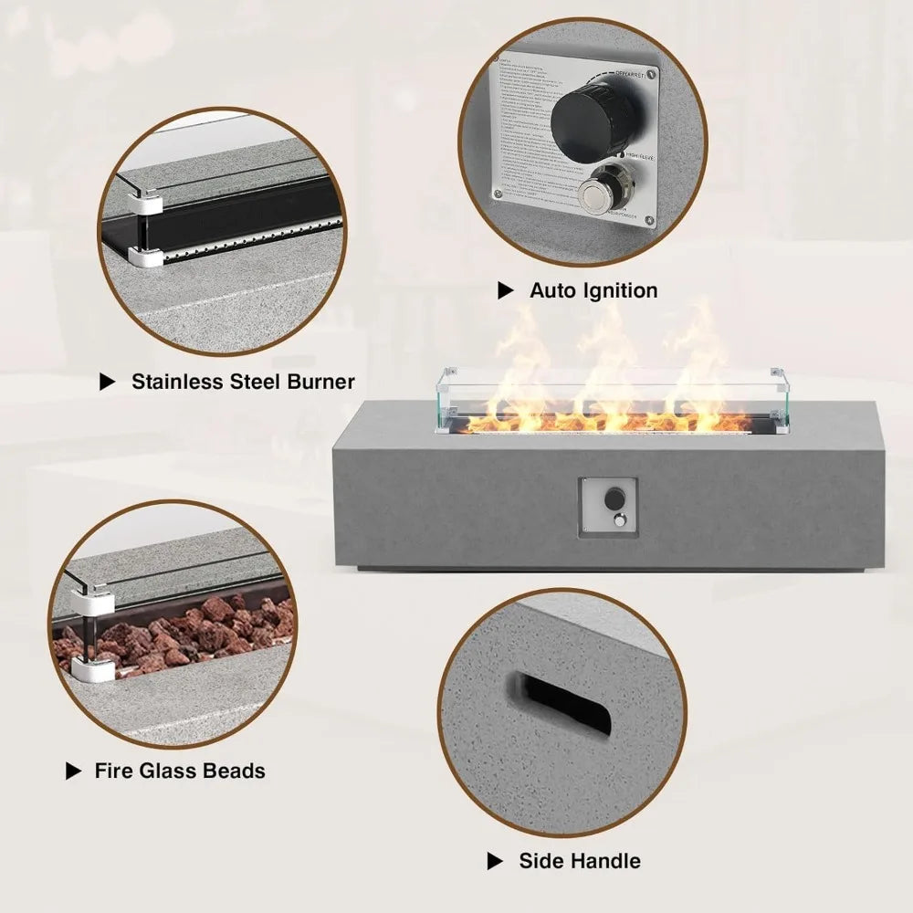 3-Piece Propane Fire Pit Table Set w Tank Table & Glass Wind Guard