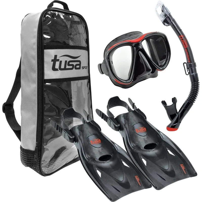 TUSA Sport Adult Powerview Mask, Dry Snorkel, And Fins Travel Set