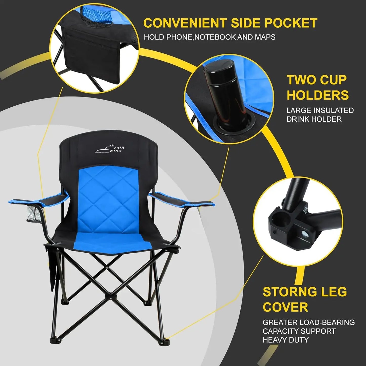 2 Pack Oversized Fully Padded Camping Chair Heavy Duty Quad Fold Arm Chair Support 350 LBS With Cup Holder