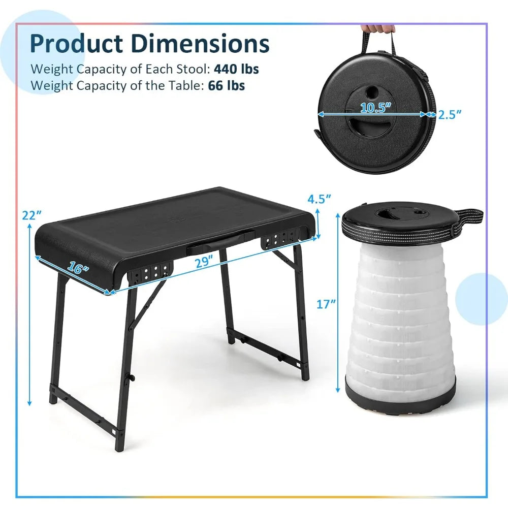 3 Piece Camping Set, Folding Table With 2 Collapsible LED Stools