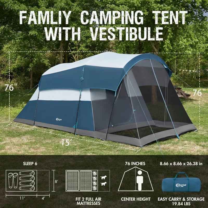 PORTAL 6 Person Family Camping Tent with Screen Room, Water Resistant Big Tunnel Tent with Rainfly,Large Family Tent for Outdoor