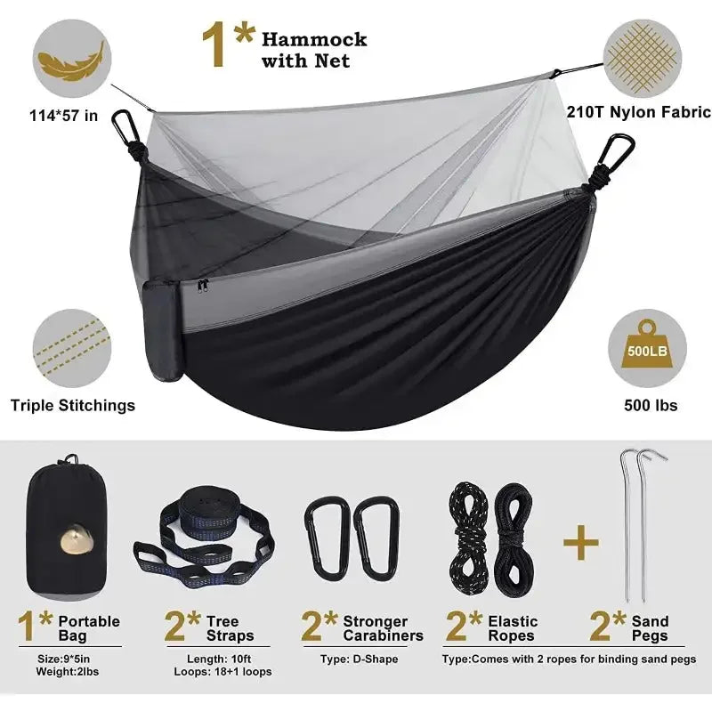 Camping Hammock with Net,Travel Portable Lightweight Hammocks with Tree Straps and Solid D-Shape Carabiners