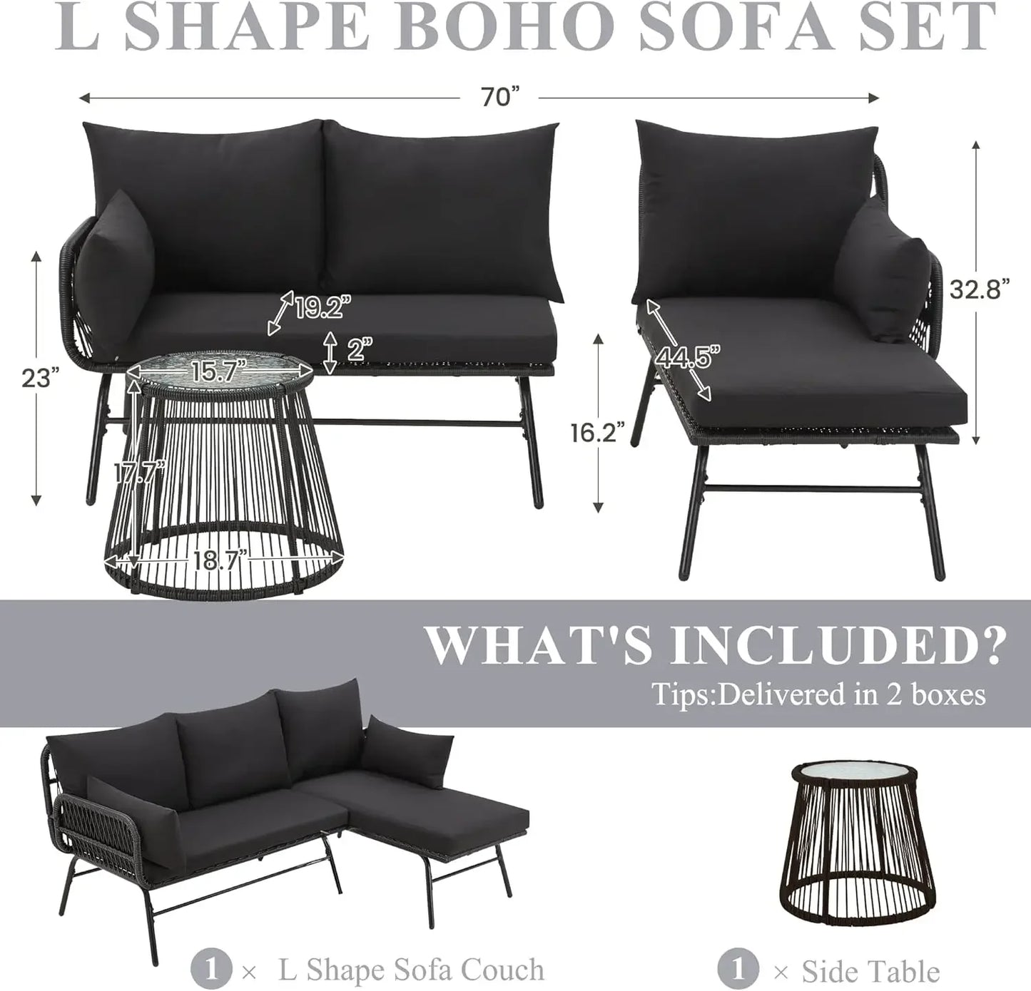 2025 Hot3-Piece Outdoor Patio Furniture Set, L-Shaped Rattan Sectional Sofa With Thick Cushions, Glass Coffee Table