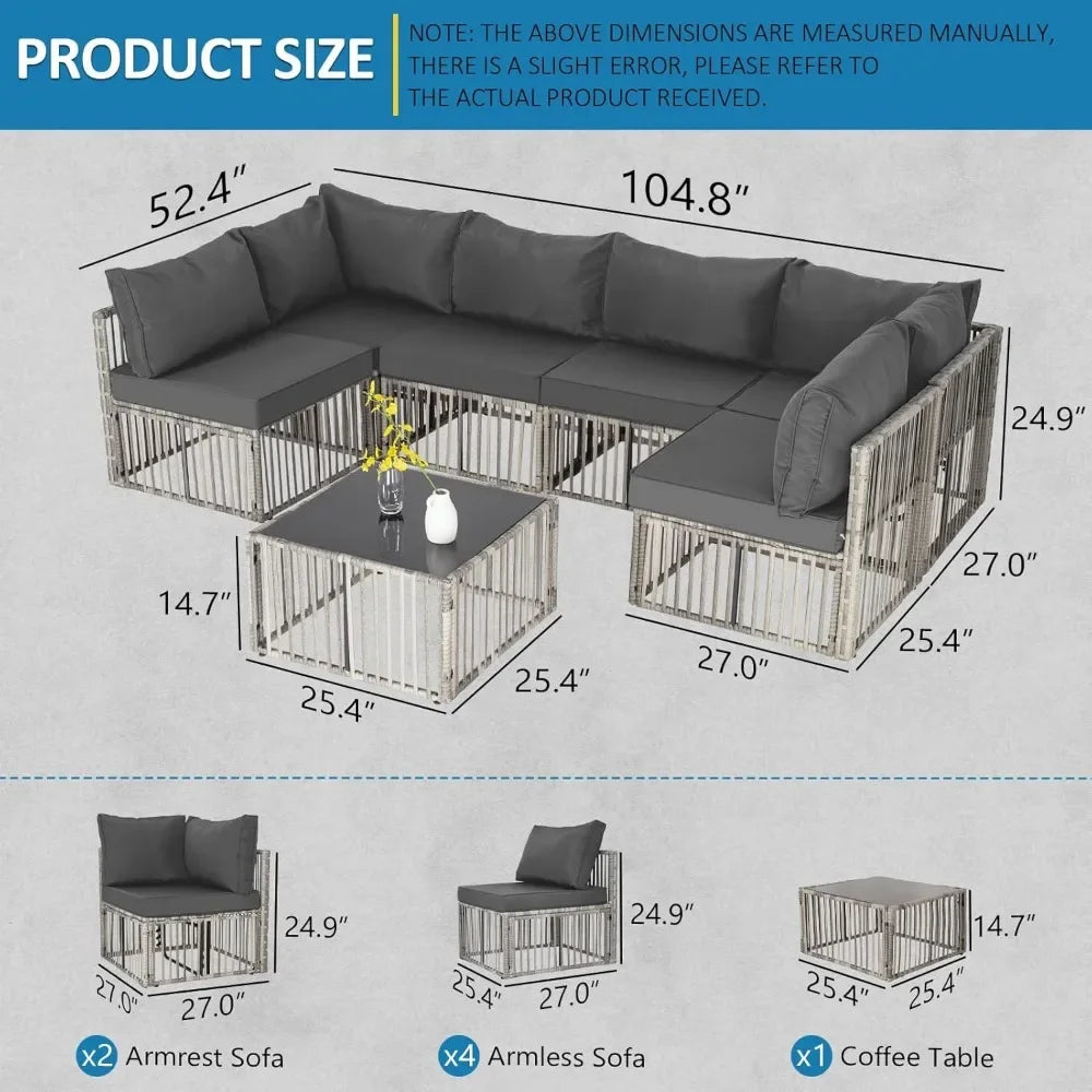 7 Pieces, Wicker Outdoor Sectional Conversation Couch With Adjustable Backrest Sofa
