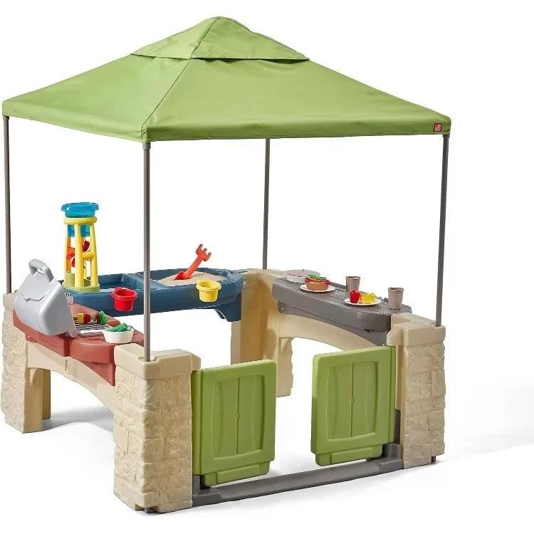 High quality.All Around Playtime Patio with Canopy, Kid Indoor and Outdoor Kitchen Playset, Sensory Playhouse, Kids Ages 2+ year