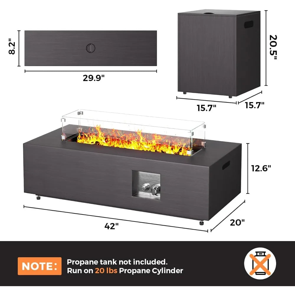Rectangular Outdoor Propane Gas Fire Pit Table with 50,000 BTU, Wind Guard, Waterproof Cover, and Lava Rocks