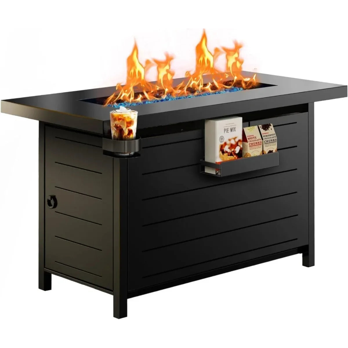 Stylish 43 Inch Fire Pit Table for Patio, with Glass Beads & Cup Holders