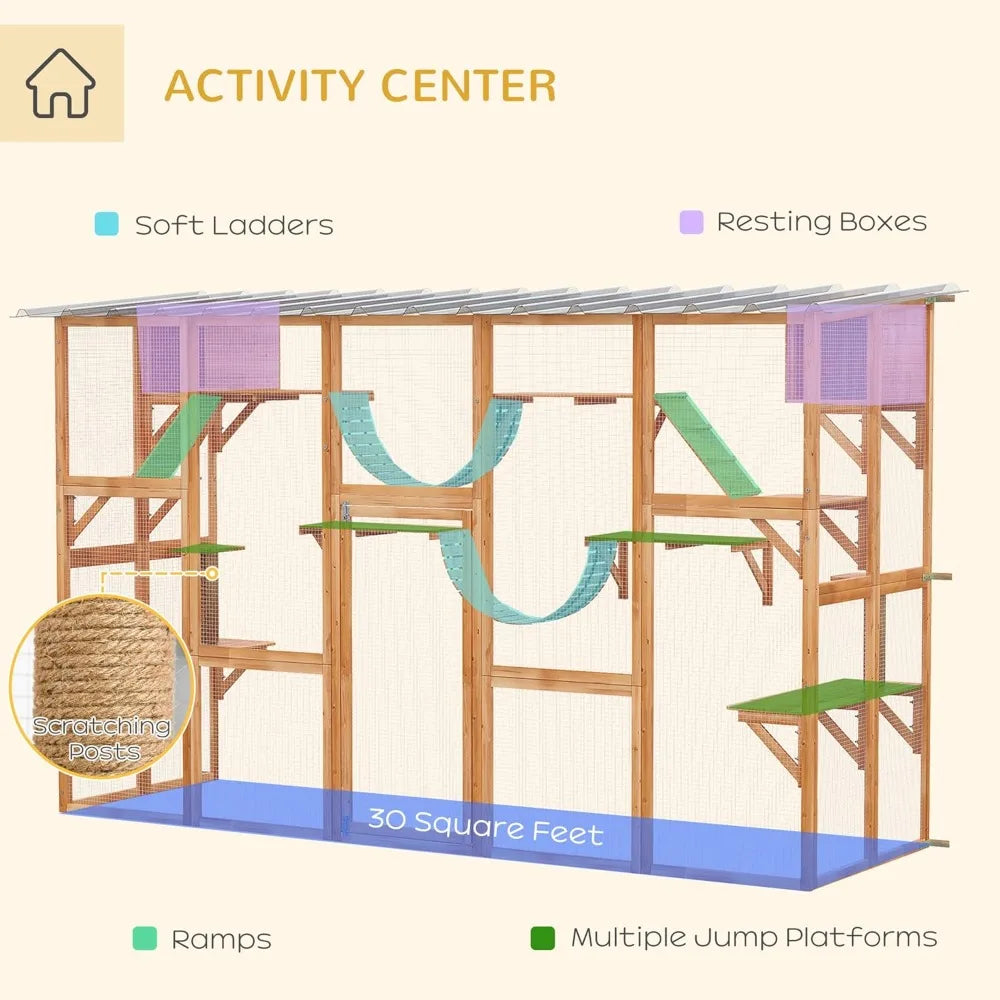 Catio Playground Cat Window Box Outside Enclosure, Outdoor Cat House Weather Protection Roof
